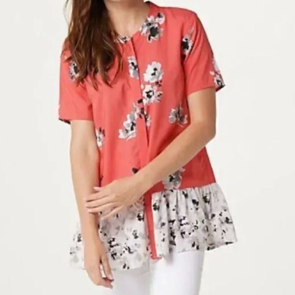 Tolani Collection Floral Coral Lightweight Button Up Top Blouse Size XLP